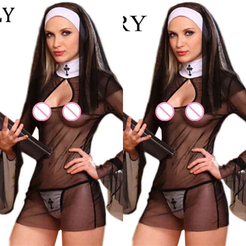Nxy sexy lencería nueva traje mujeres cosplay monjas uniforme transparente monja de vestir