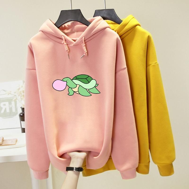 Invierno Unisex Chalkets para las mujeres 90's Ropa Estilo grueso Fleece Dibujos animados Tortuga Sudaderas con capucha Mujeres Espesar Fleece