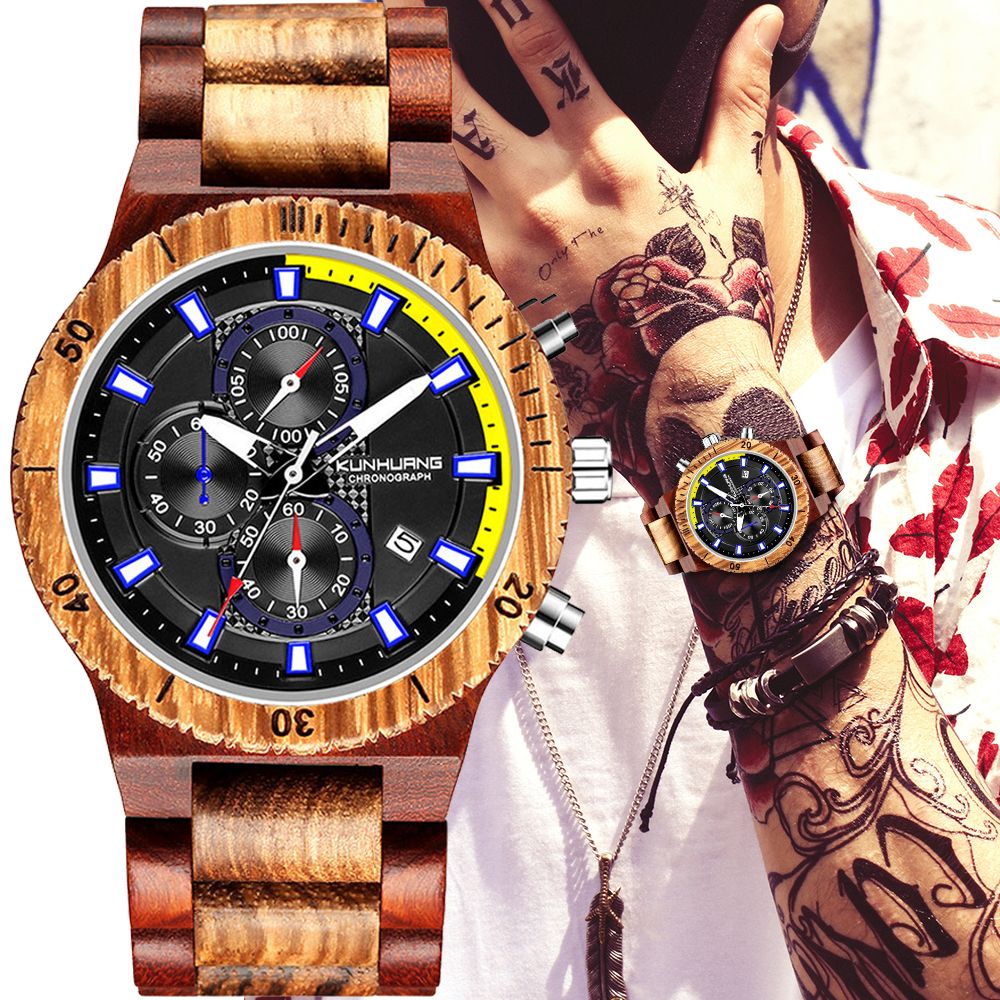 High Quality Wood Watch For Men Luxury Multifunctional Calendar Date