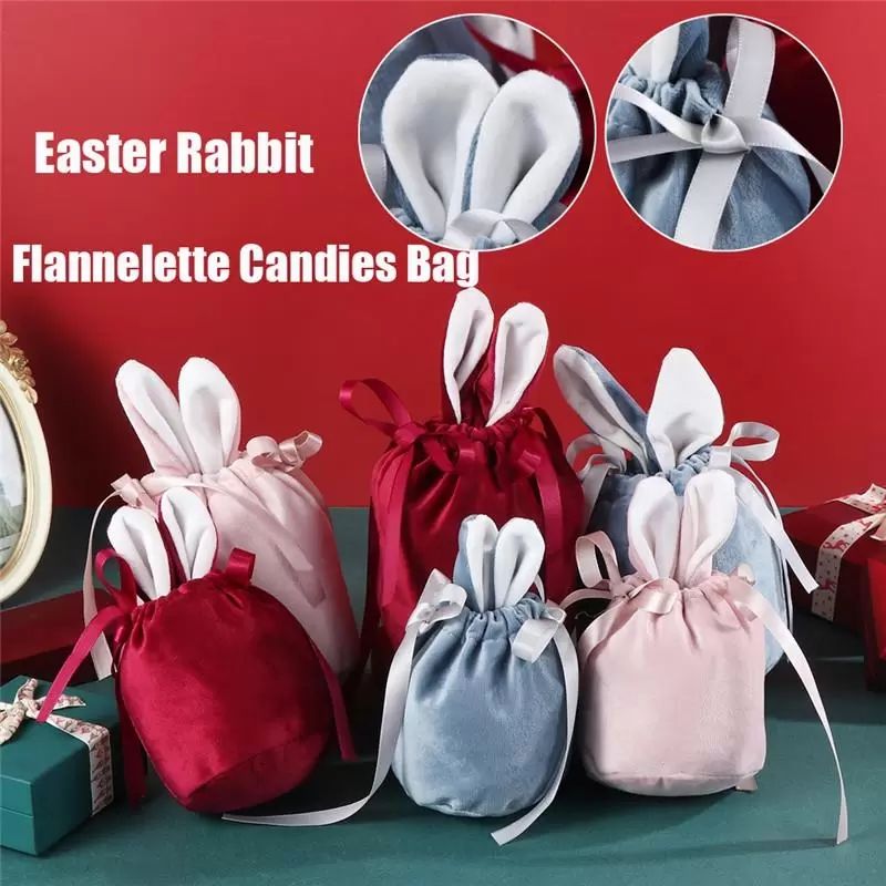Cartoon Bunny Ears Velvet Bag Favor Easter Candy Cookie Wrapper Pouch Soft Mini Gift Storage Bags Festival Party Supplies for Party Favor CG001