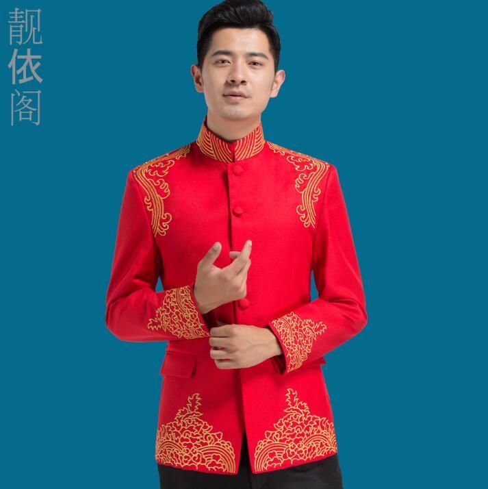 Abiti da uomo Blazer Blazer Singer Stage Abbigliamento per uomo Tuta in tunica cinese Set con pantaloni 2021 Mens Gruppo da sposa Vestito formale Rosso ricamato