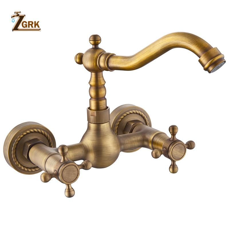 Retro Brass Wall Mount Bathroom Basin Faucet Dual Handle Kitchen Sink Mixer Tap