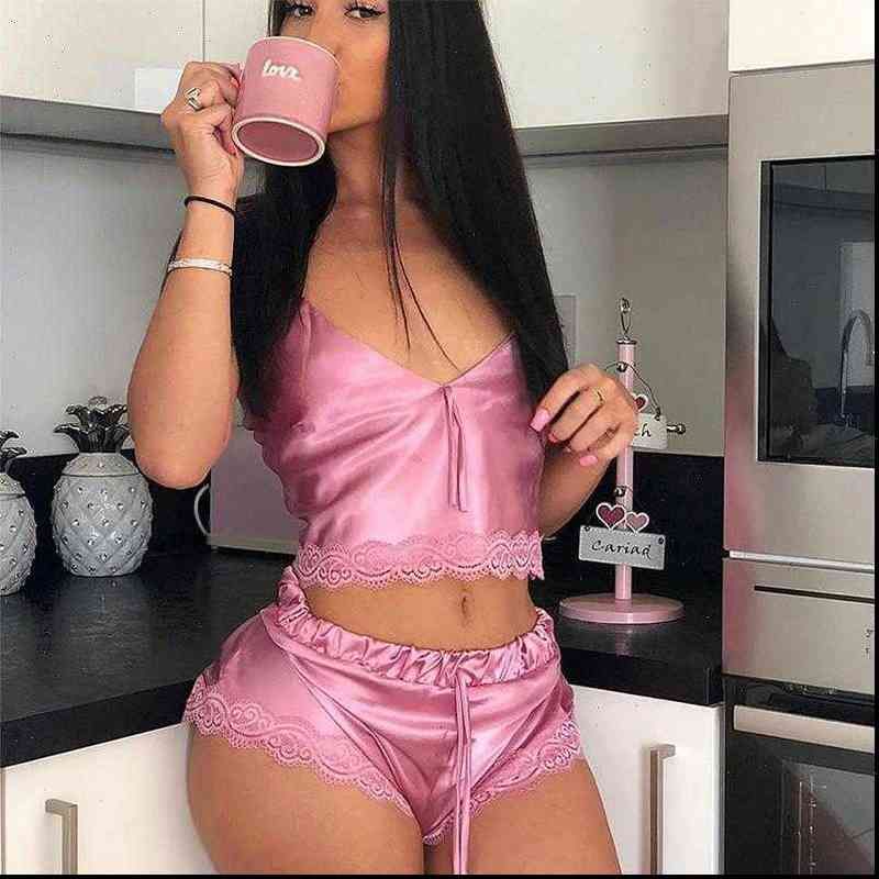 Abolladura tímido violinista Sexy 2 piezas de satén ropa de dormir seda pijama fijado sin mangas pijamas dormir pantalones cortos encaje pijama traje para nighties Abolladura tímido violinista Sexy 2 piezas de satén ropa de dormir seda pijama fijado sin mangas pijamas dormir pantalones cortos encaje pijama traje para nighties