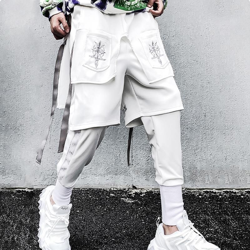 Techwear pantalones de cadera falsa para hombre, pantalón Harajuku de dos  piezas con cintas bordadas, ropa de calle, Cargo, color negro|Pantalones  informales| - AliExpress