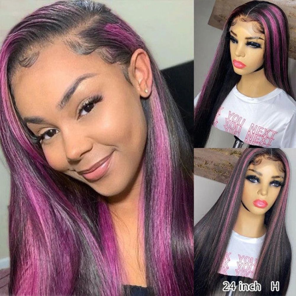 Long Thick Wig 13x4 Transparent Lace Frontal Wig Black Hair With Pink  Highlights Silky Straight Hairs