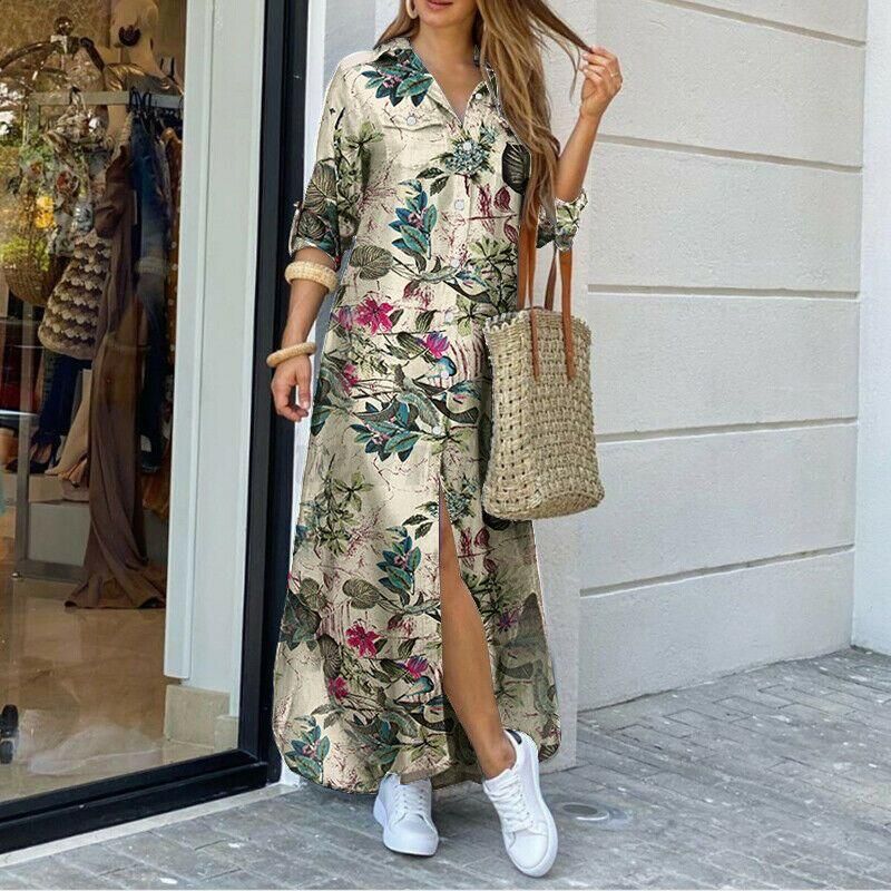 Maxi Beach Vestido elegante mujer botón abajo camisa larga vestido verano  cadena impresión corbata cuello fiesta