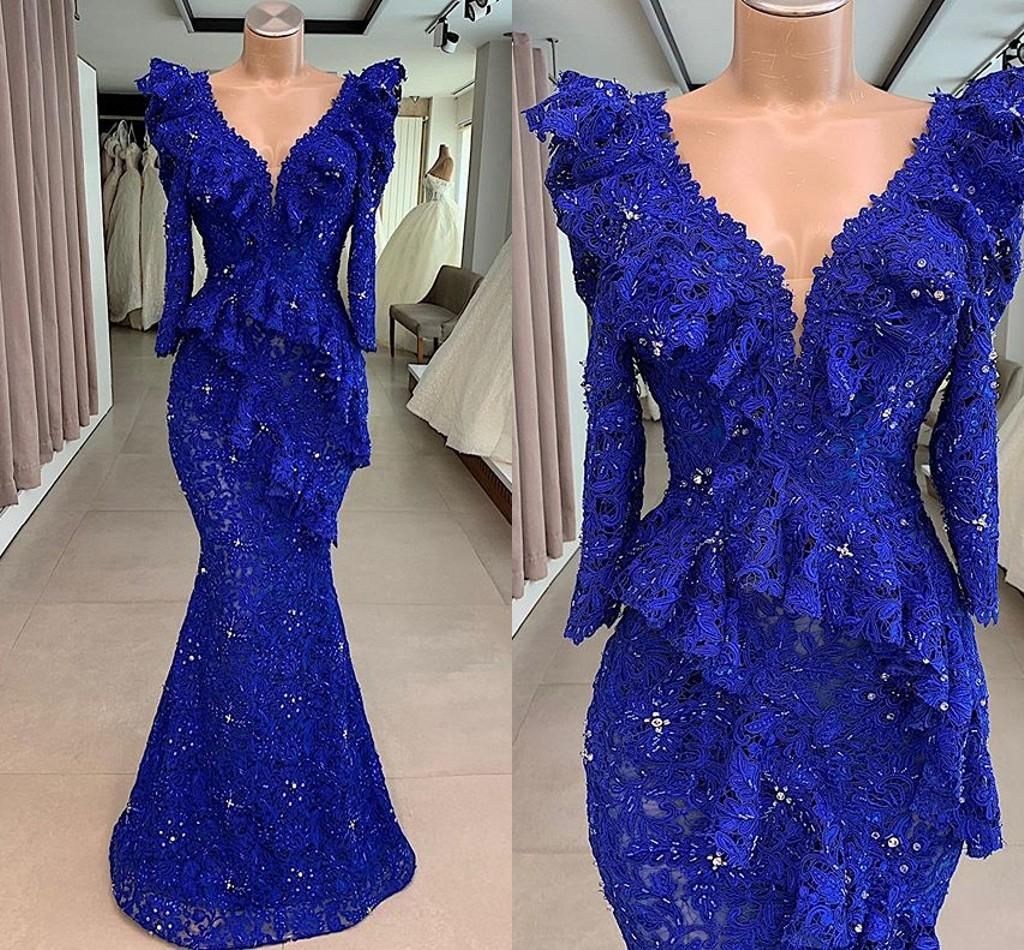 Aso Ebi Modern Royal Blue Lace Mermaid Evening Dresses Full Lace Long ...