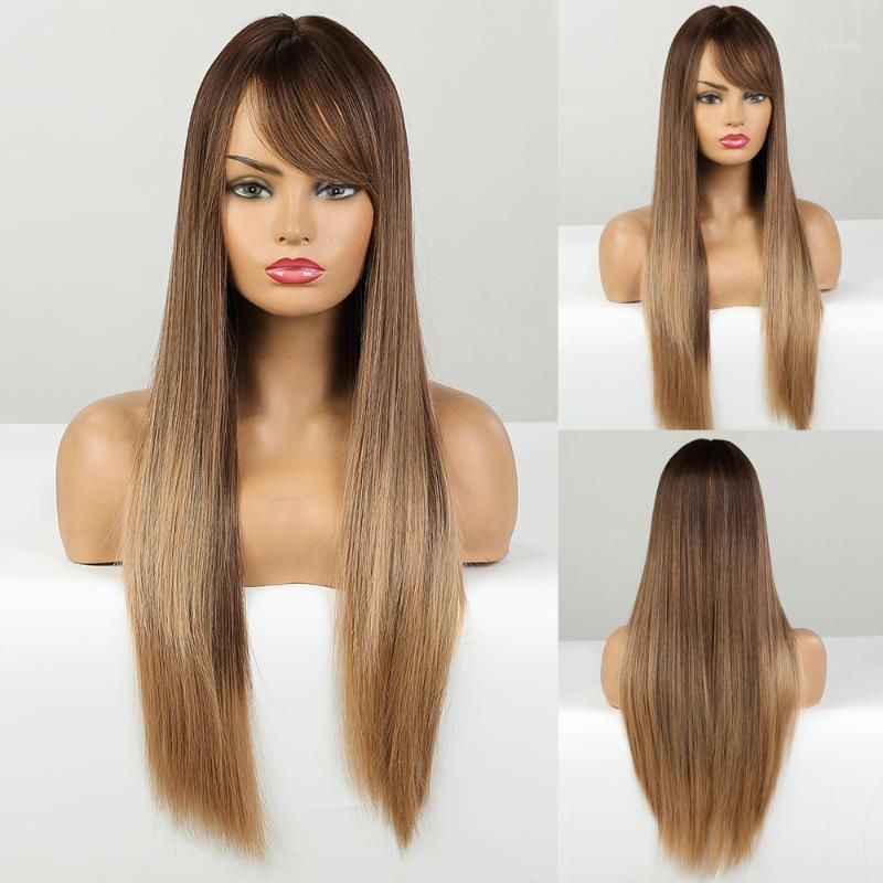 Synthetic Wigs Long Straight Omber Brown Blonde Wig With Side Bangs For  Women Cosplay Daily Party Heat Resistant Fiber Fake Hair