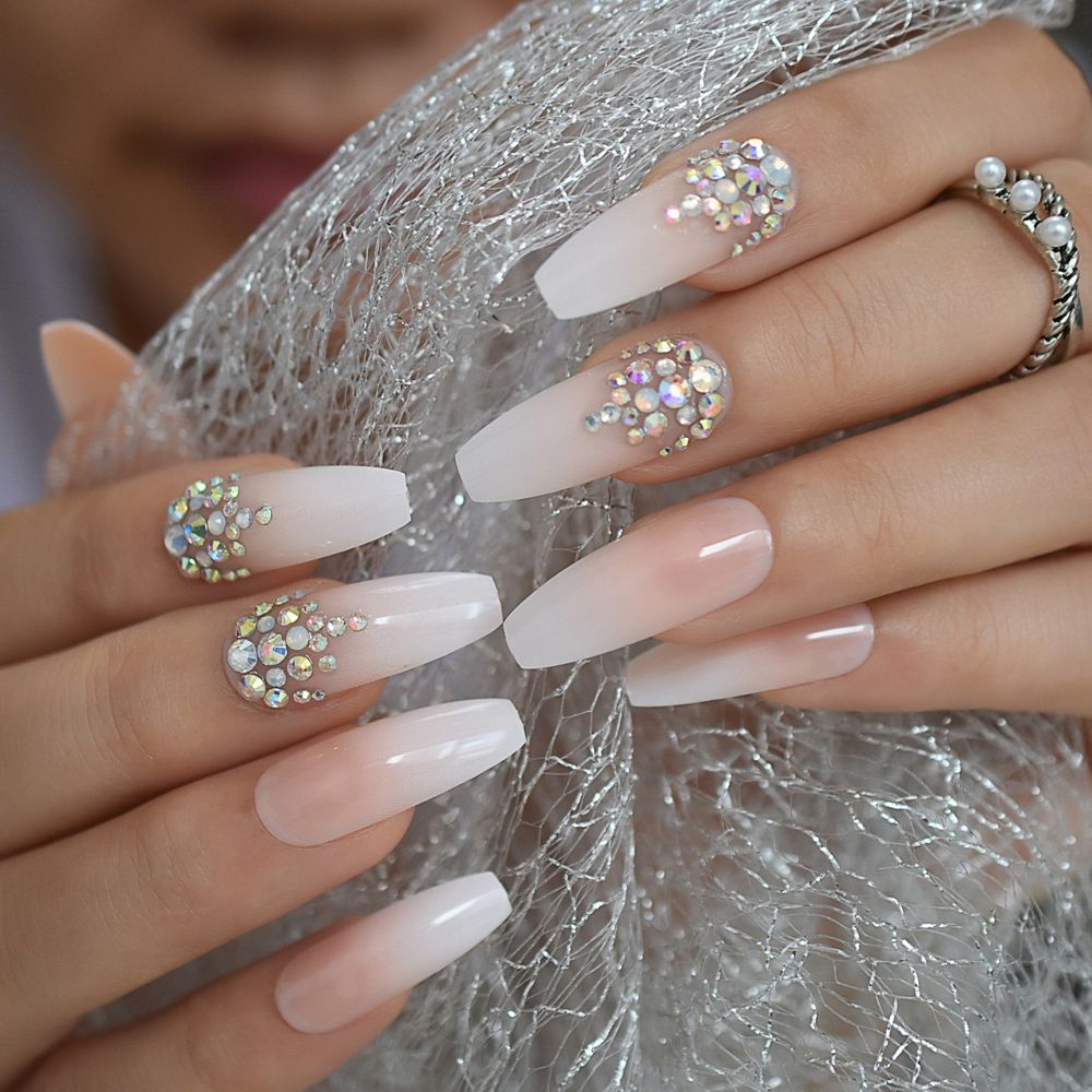 Luxury Coffin Nails With AB Rhinestones Ombre French Nail With Stones Long  False Nails Natural Color Designed From Yonglai969, $10.04 | DHgate Israel