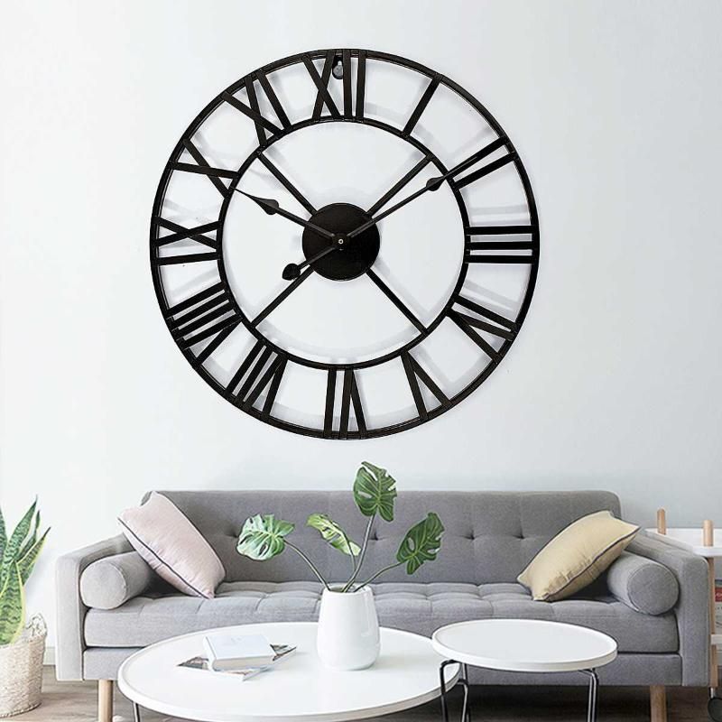 3D Retro Black Iron Wall Clock Large Metal Watch Art Hollow Roman Numeral Ring For Home Living