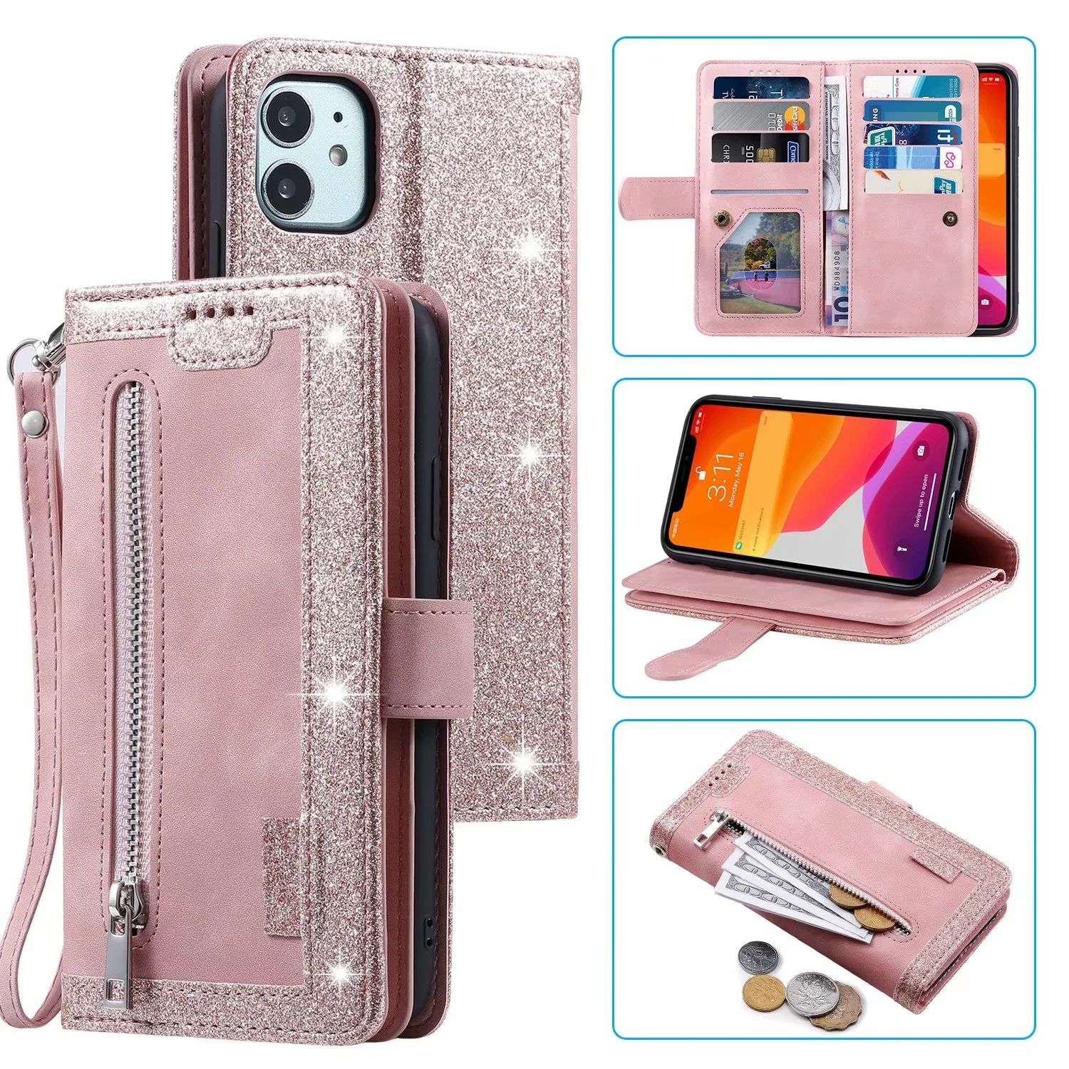 Zipper Leather Wallet Case For iPhone 14 15 Pro Max 13 12 11 XR 7 8 Flip  Cover