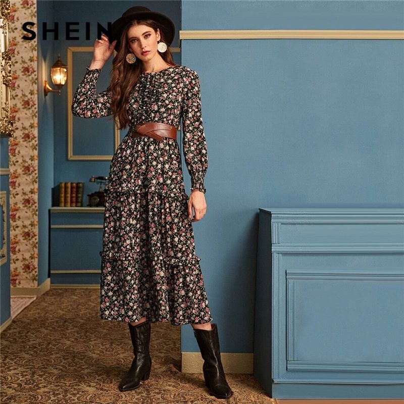 Acquistare Shein Ditsy Stampa Floreale Frill Trim Abito Flamato Senza  Cintura Donne Autunno Autunno Manica Lunga Vita Alta Ladies Elegante Abiti  Lunghi Y200805 Economico | Consegna Veloce E Qualità | It.Dhgate
