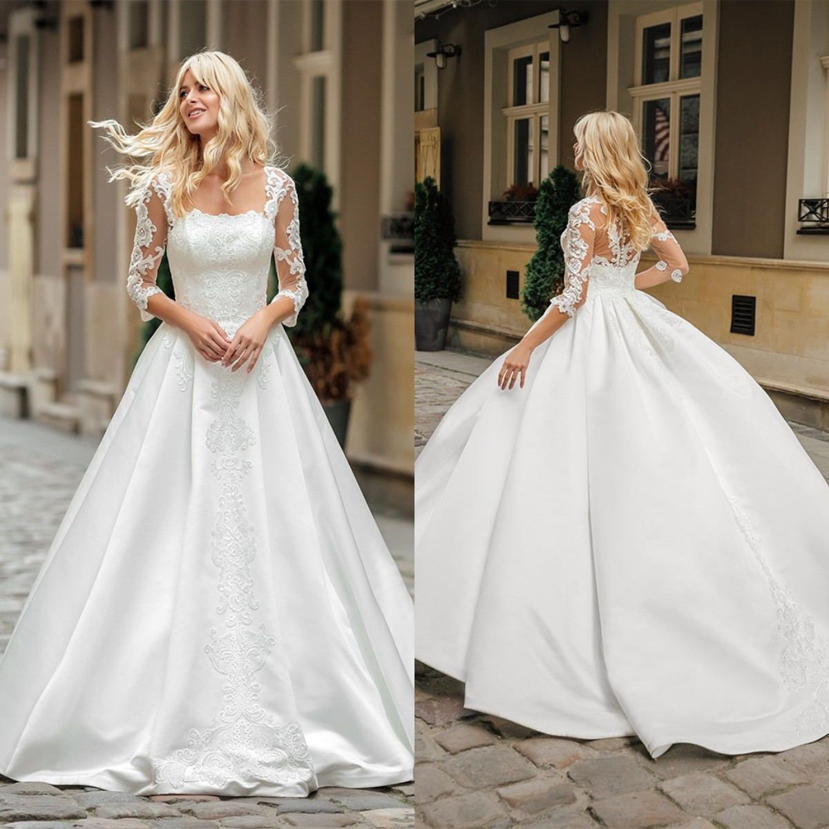 2021 Nuevos vestidos de novia Cuello cuadrado de manga larga por manga larga satinado Botón hecho 2021 Nuevos vestidos de novia Cuello cuadrado de manga larga por manga larga satinado Botón hecho