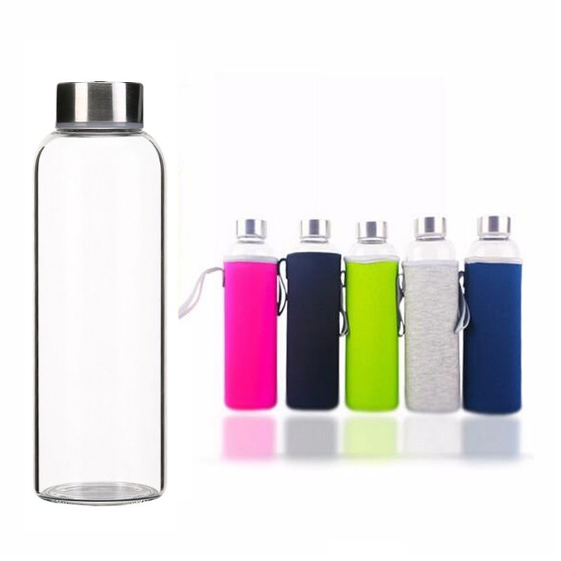 Glass Water Bottle 360ml Sports LeakProof Lid BPA-Free with Sleeve various color 