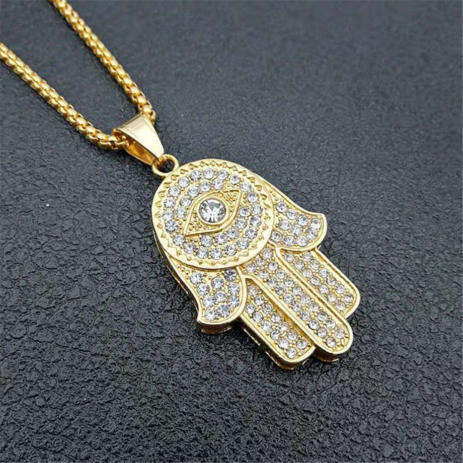 Willen valuta Monica Turkse boze oog hamsa hand van fatima hanger ketting goud roestvrij staal iced out hanger ketting Willen valuta Monica Turkse boze oog hamsa hand van fatima hanger ketting goud roestvrij staal iced out hanger ketting