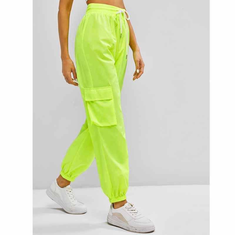 cordón de cintura fluorescente verde jogging pantalones mujeres al aire libre gimnasio corriendo ropa deportiva