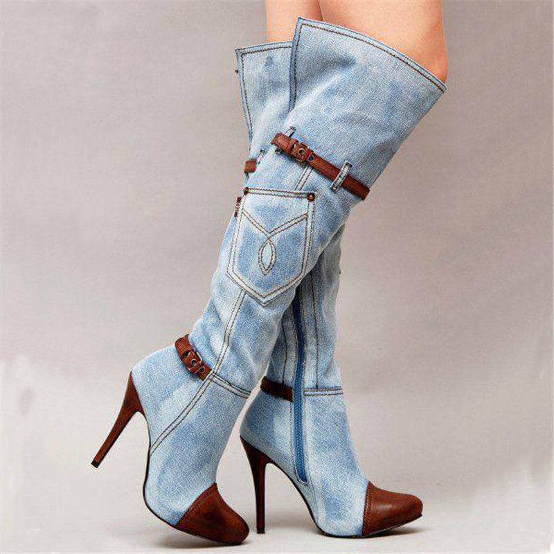 Hot Sale Over The Knee Women Boots Autumn Winter Denim High Heels