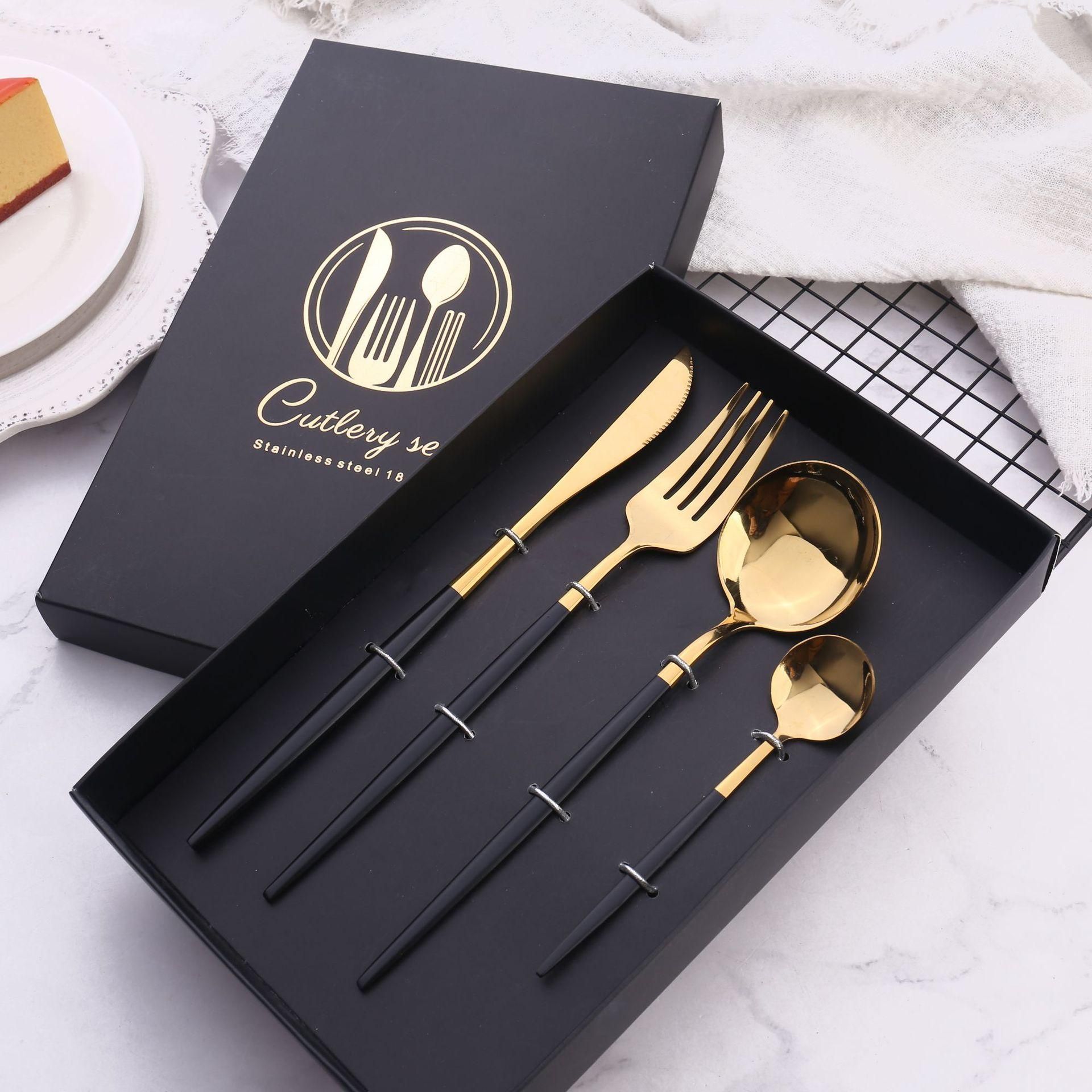 / Set Of Black Cutlery Set Stainless Steel Cutlery Golden Kitchen