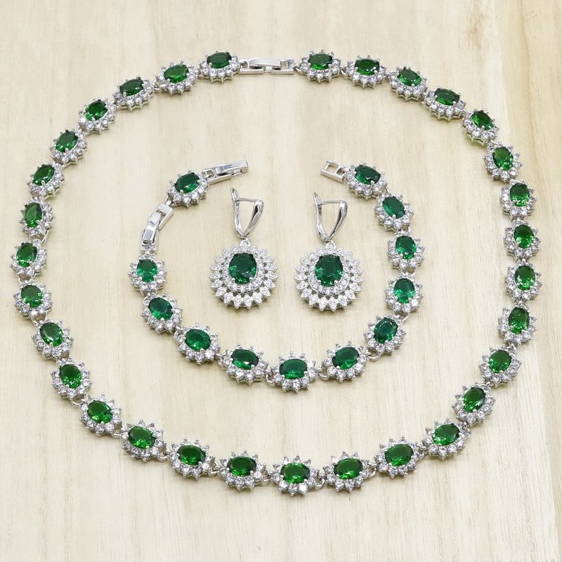 Green Crystal Silver Color Jewelry Sets for Women Necklace Earrings Bracelet Wedding Bridal Jewelry