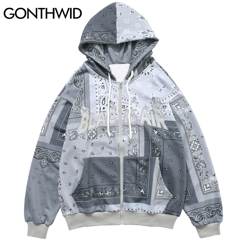 2020 Embroidered Bandana Patchwork Full Zip Hooded Sweatshirts Jackets