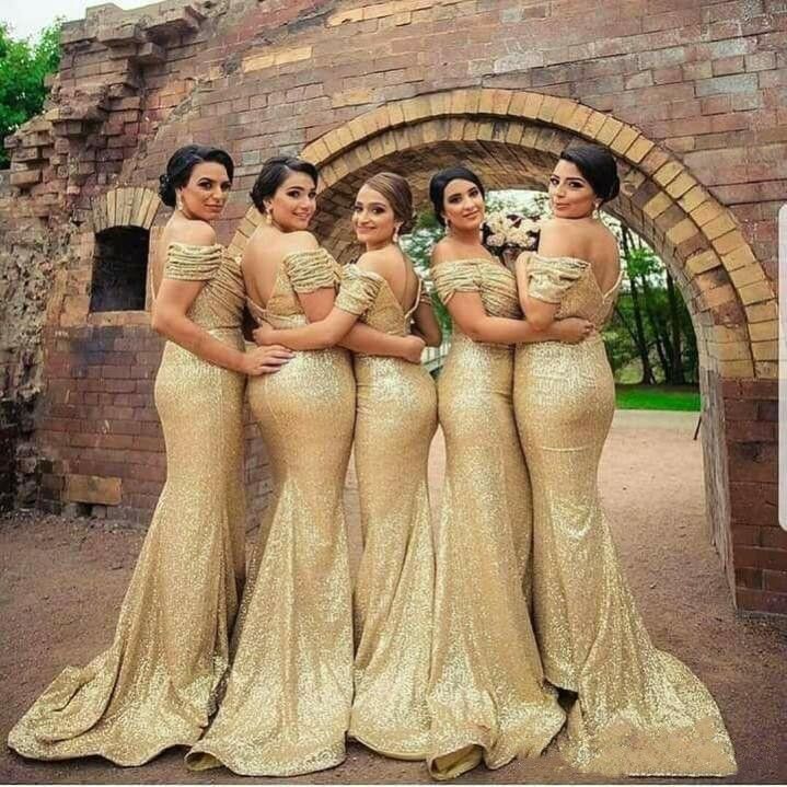2021 Nowe Gold Cekinowe sukienki Druhna Off Ramię Pldys Mermaid Long Maid of Honor Dress Wedding Guest Party Suknie Plus Size Custom