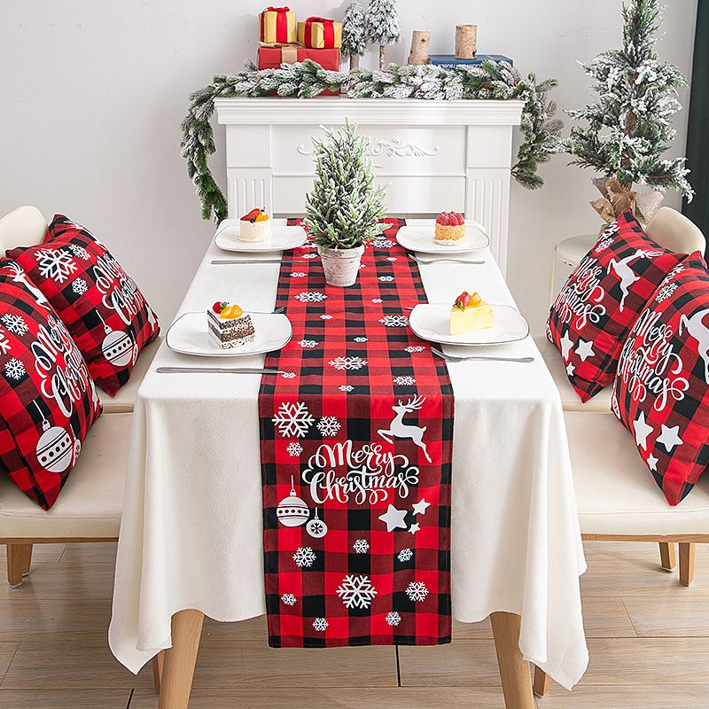 180x33cm Red Plaid Christmas Tablecloth Snowflake Elk Table Cloth Xmas