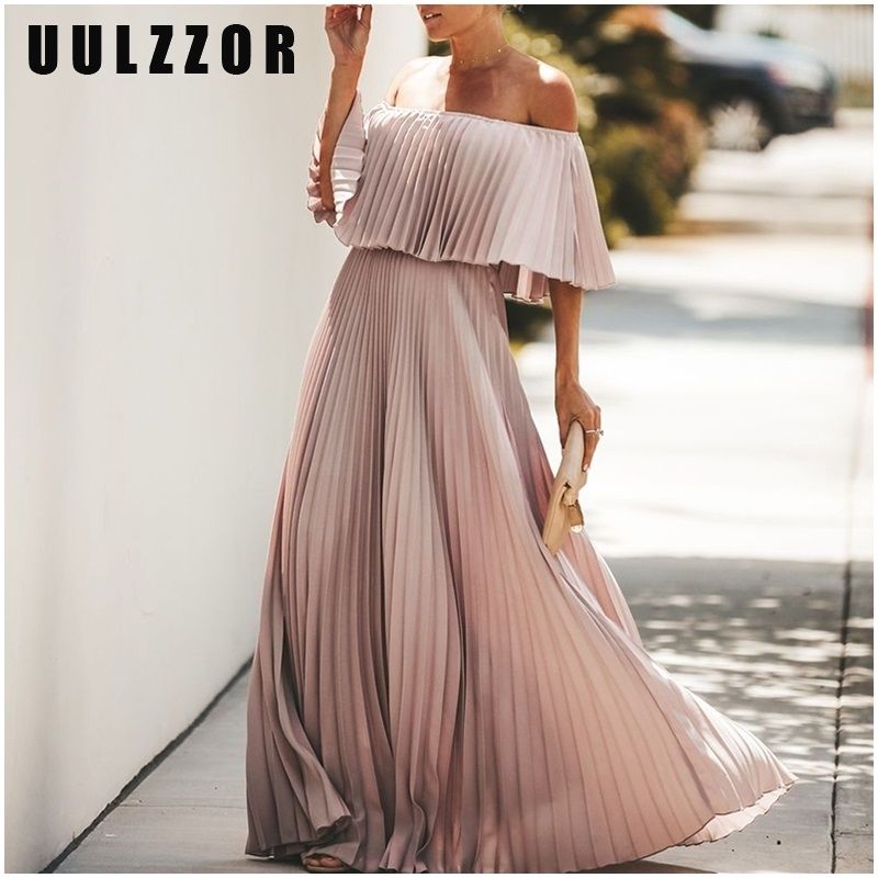 Compre Uulzzor Off Shoulder Vestidos Plisados \u200b\u200bVestido Largo Vestido De  Fiesta Maxi Volante Sólido Pink Otoño Vestidos Elegantes 2019 Vestidos  T200107 A 16,13 € Del Xue01 | Es.Dhgate.Com