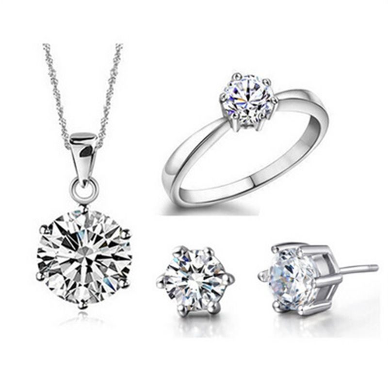 Bling Set de joyería cristal Collar plateado Plateado Pendientes de diamante Anillo Joyas de