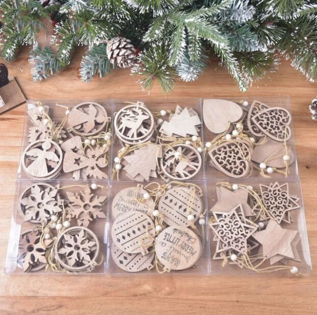 6PCS EUROPEAN CHRISTMAS TREE HOLLOW WOODEN SNOWFLAKES PENDANTS ORNAMENTS XMAS