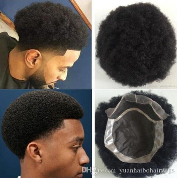 Mens Afro Toupee Lace Front PU Toupee Jet Black Peruvian Virgin Remy