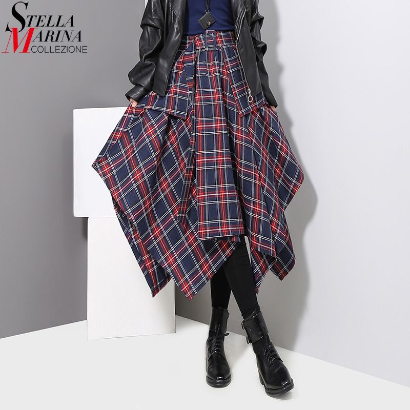 Korean Style Woman Red Plaid Asymmetrical Skirt Sashes Printed