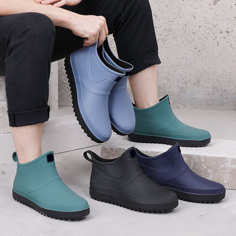 Men Rubber Rain Shoes Slip On Waterproof Low Heel Tube PVC Rain Boots ...