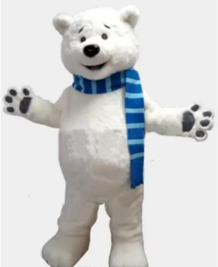 Deluxe Peluche Falcón personalizado azul bufanda polar oso mascota traje de dibujos animados blanco oso personaje Deluxe Peluche Falcón personalizado azul bufanda polar oso mascota traje de dibujos animados blanco oso personaje