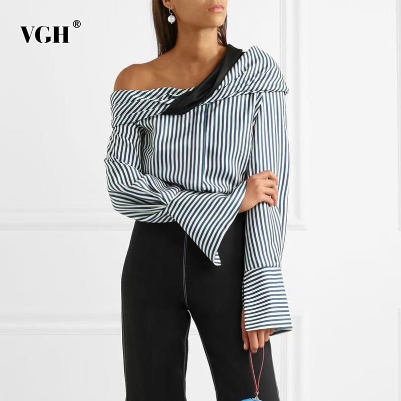 VGH Casual Blusas asimétricas para las mujeres Skew Cuello Flare manga suelta elegante camisas rayas