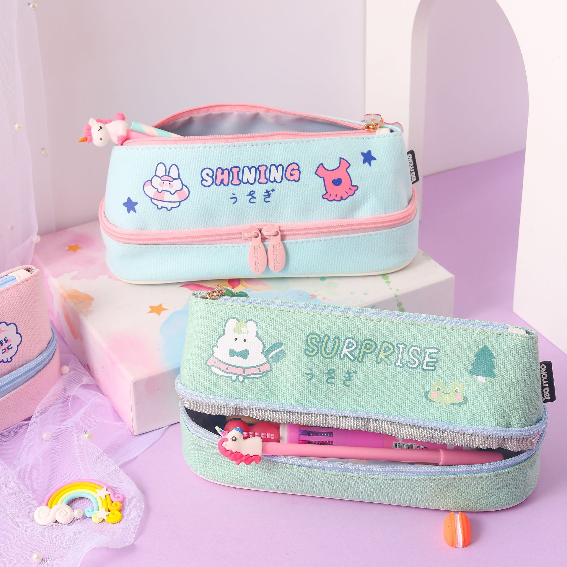 Korean Pencil Case Cartoon Cute Large Capacity Canvas Double Layer