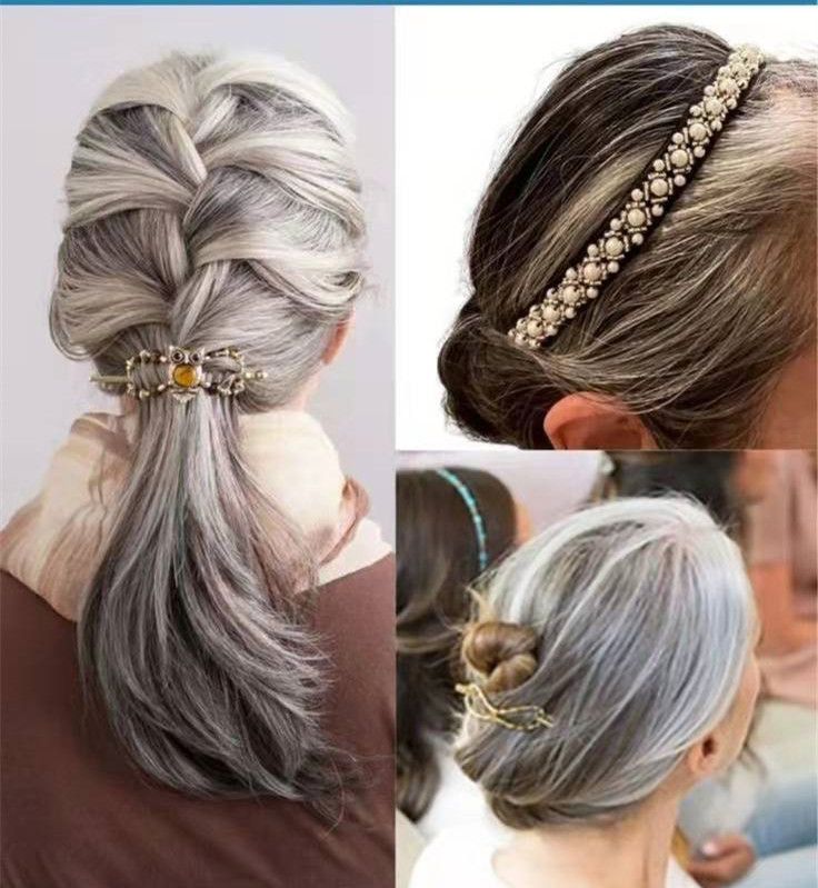 Straight Salt and pepper gray hair ponytail hairstyle wraps around french braids grey hairpiece women extension Straight Salt and pepper gray hair ponytail hairstyle wraps around french braids grey hairpiece women extension