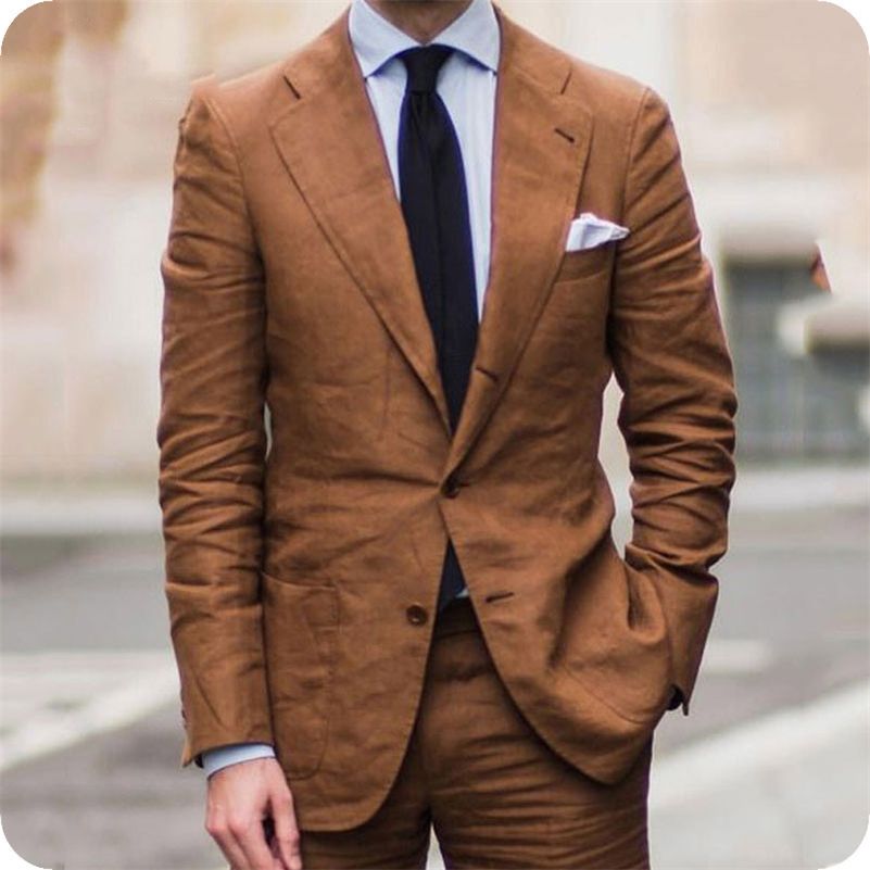 Brown/Green/Pink Linen Men Suits With 