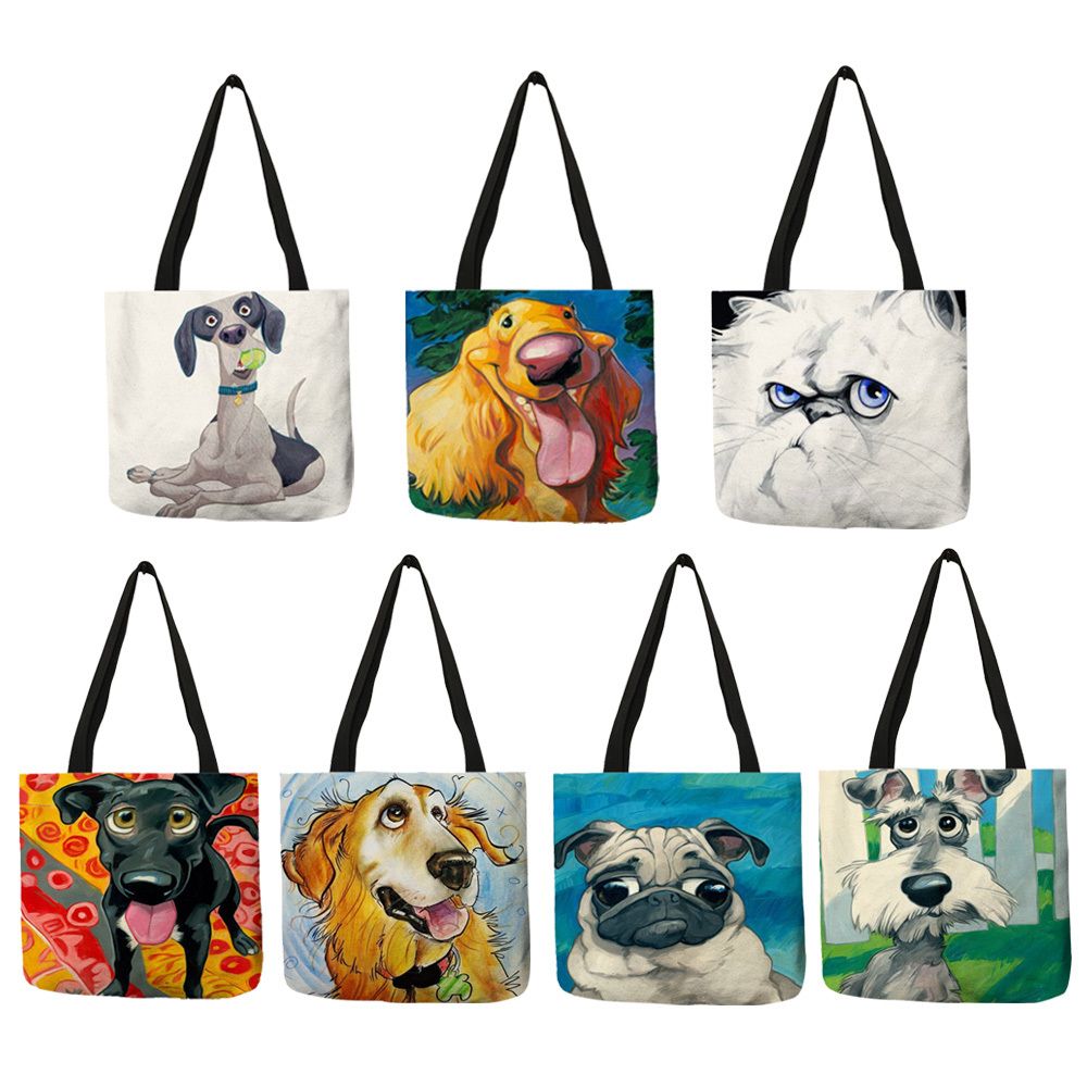 Personalizado Perro Arte Imprimir Lino Bolsa Tote Schnauzer Golden Retriever Mujer Tela Compras Compras