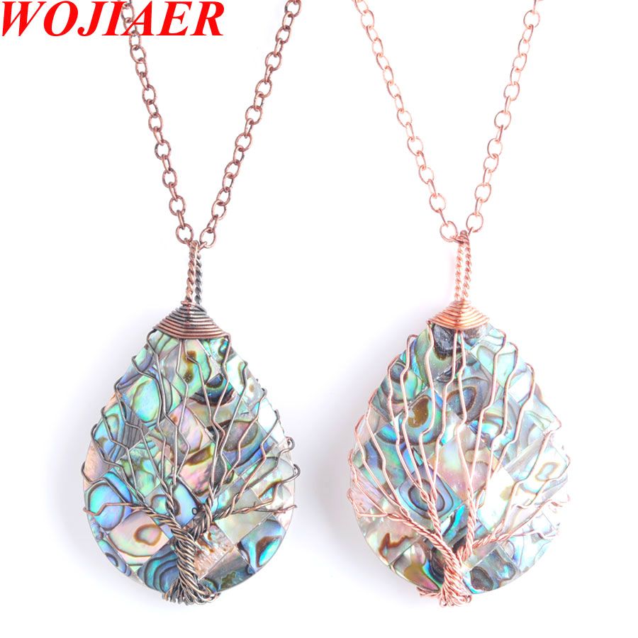 Natural Paua Abalone Shell Bead Flower Tree of Life Silver Pendant Necklace 