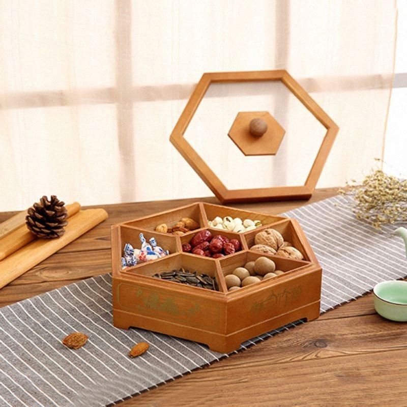 Wooden Candy Box Storage Dispenser With Lid Nut Dried Fruit Server Display Plate Tray For Home