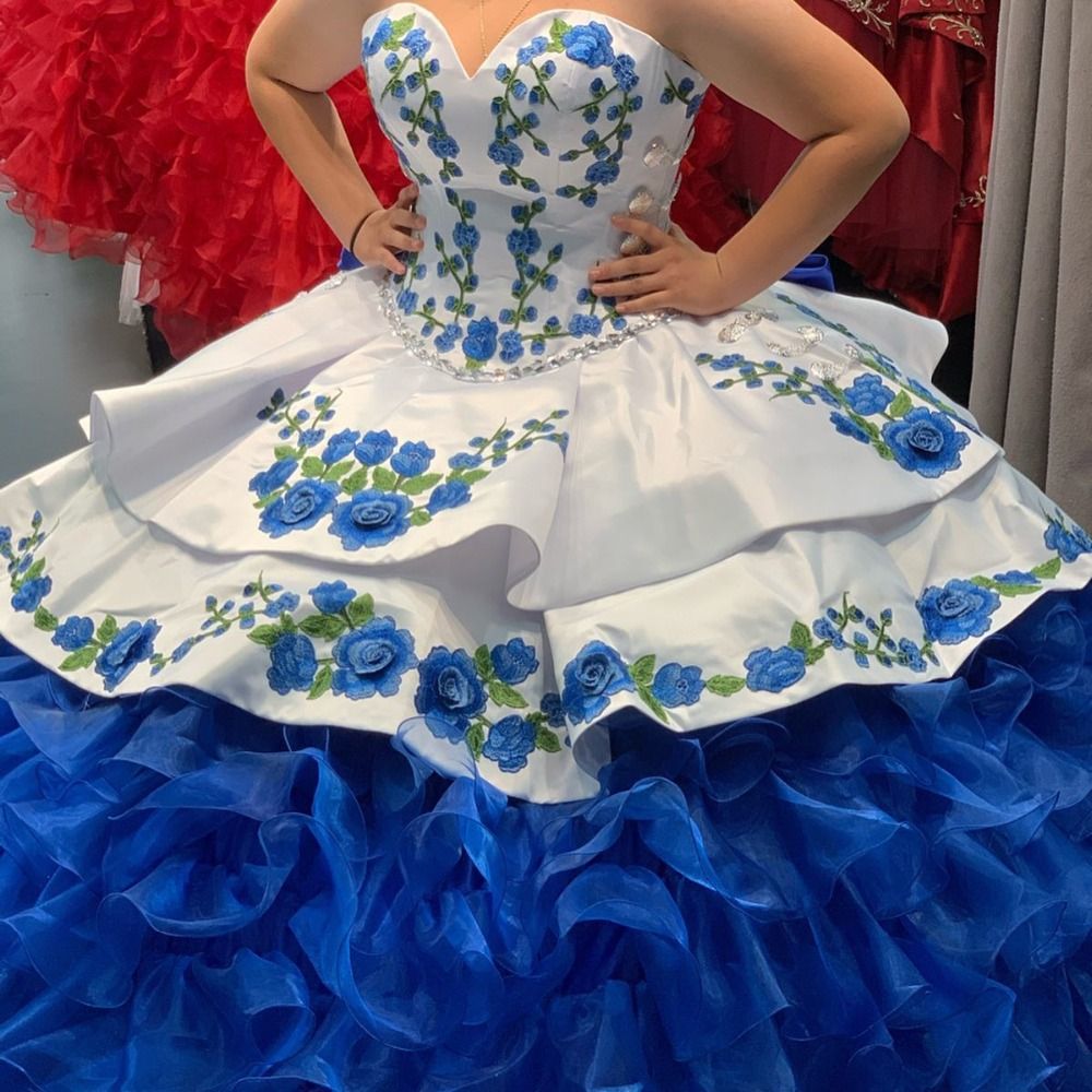 Modern White Royal Blue Ball Gown 