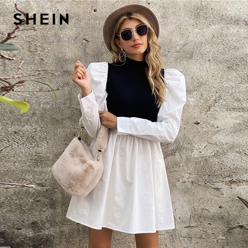 Vestidos SheIn Shein Blanco y negro Skuff Manga ColorBlock Vestido Mujeres Otoño Cintura Alta