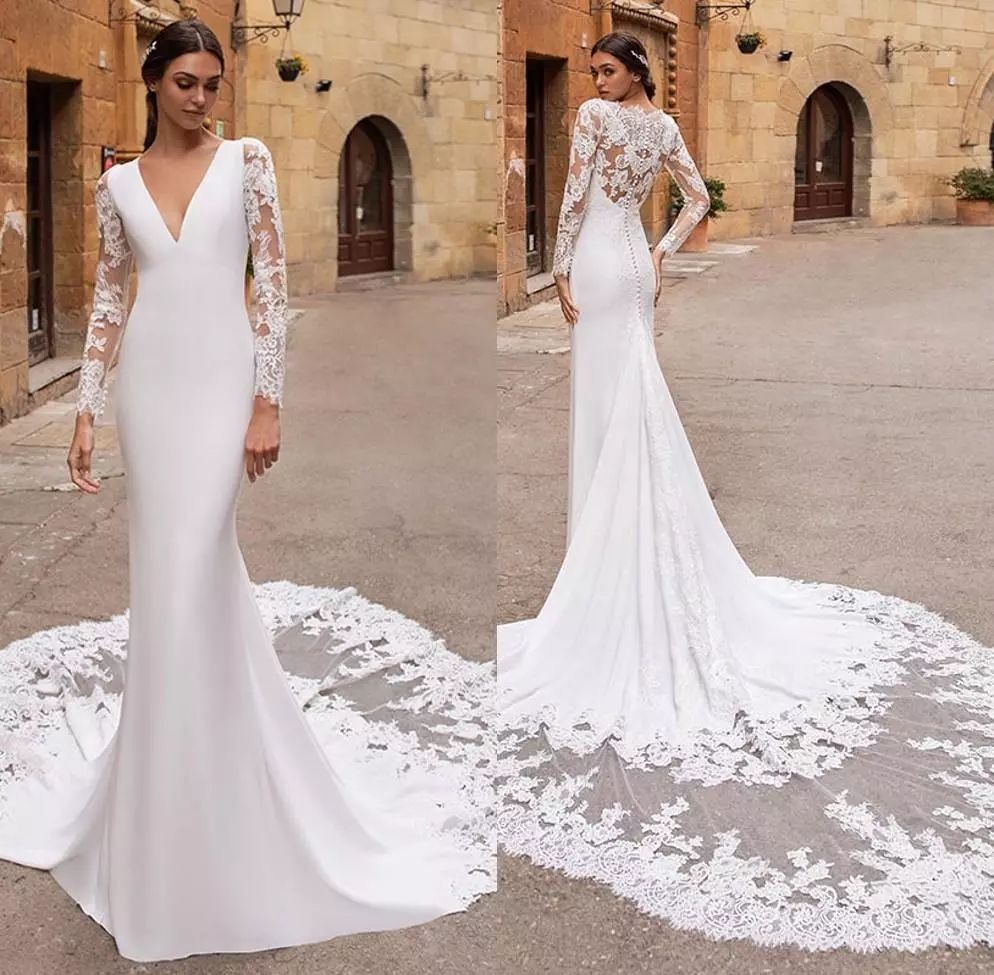 Compra 2021 Vestidos De Novia De Sirena Elegantes Vestido De Cuello En V  Manga Larga Mangas Largas Train De Barrido De Encaje Vestidos Nupciales  Diseño Único Matrimonio Señora Barato | Entrega Rápida