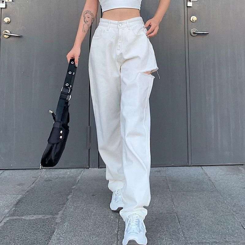 Koop Dames Jeans Wit Streetwear Dames Gat Ripped Hoge Taille Broek Casual  Rechte Been Vrouw Lading Broek Baggy Harajuku Goedkoop | Snelle Levering En  Kwaliteit | Nl.Dhgate