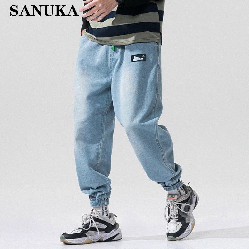 2021 Men Loose Light Blue Jeans Harem Pants 2020 Mens Japan Style