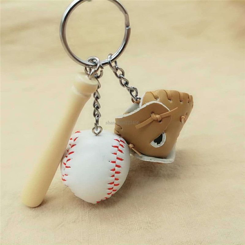 Fashion Sport Baseball Gloves Keychain Wood Baseball Bat Keyring