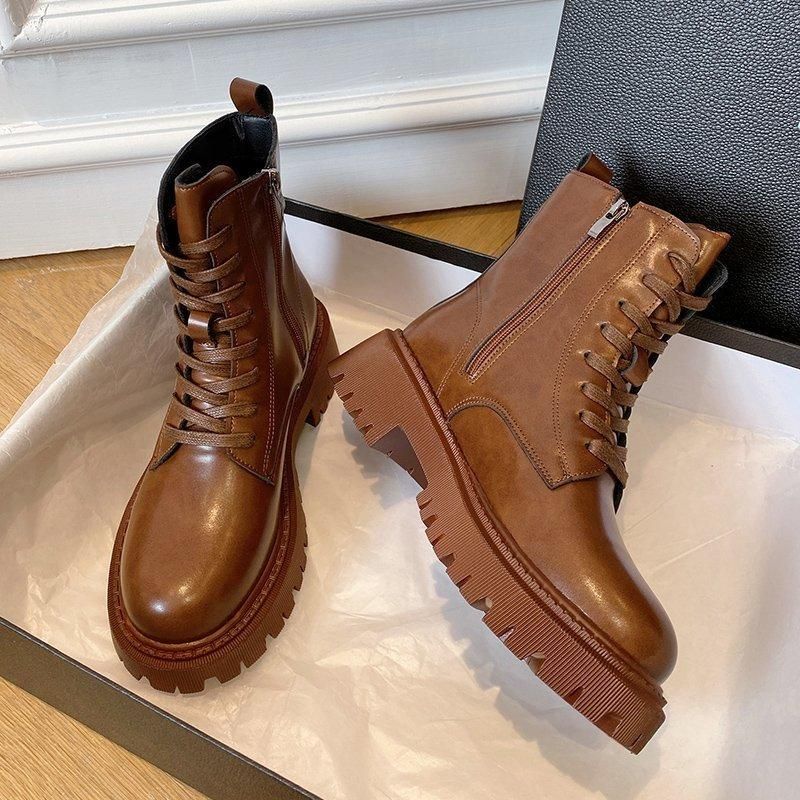 brown laceless boots