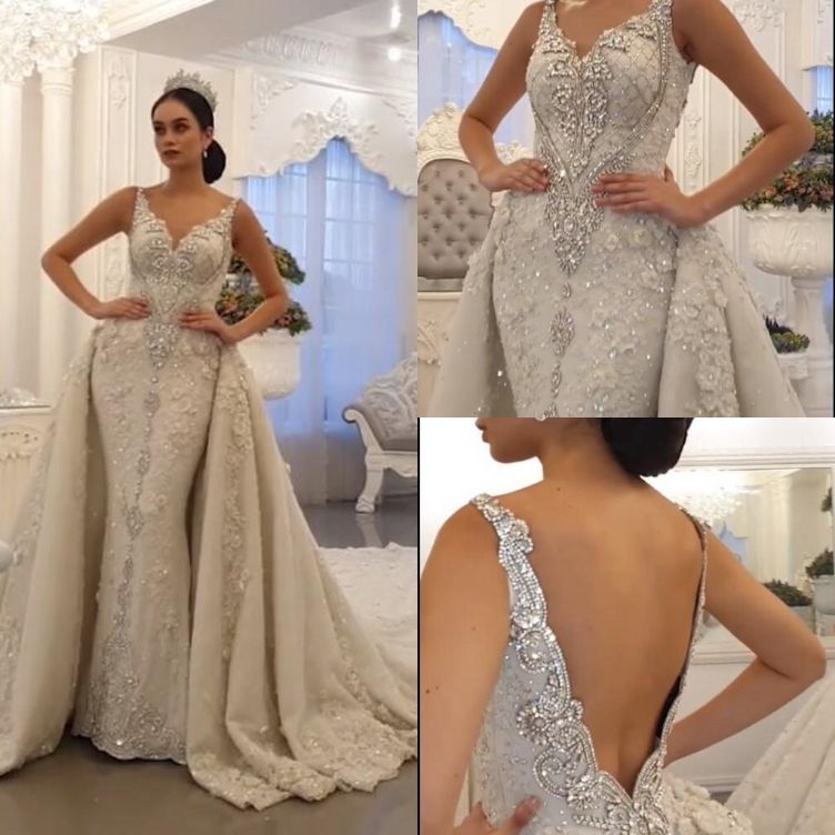 Mermaid Wedding Dresses With Detachable Skirt Backless Court Train Crystal Gowns