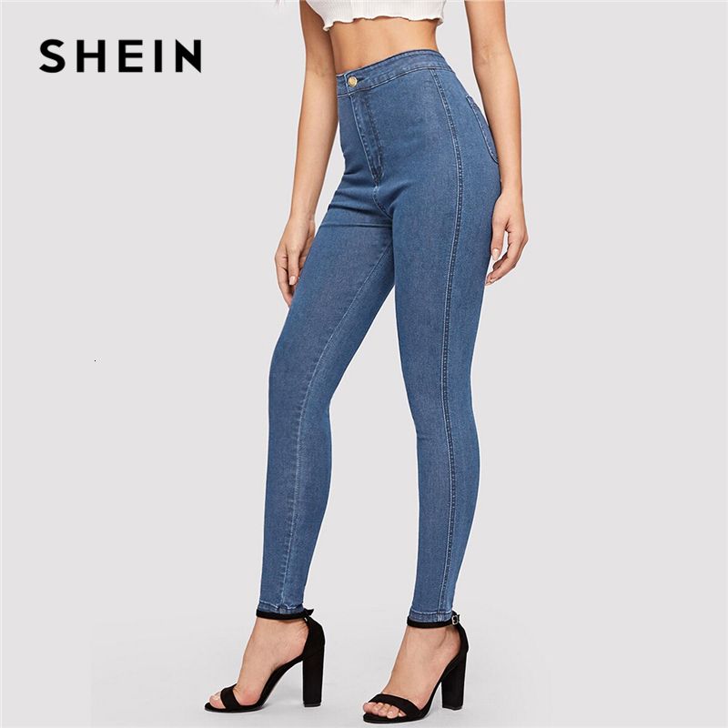 Shein 2020 Mujer Armada de otoño del resorte flacos pantalones vaqueros azul sólido