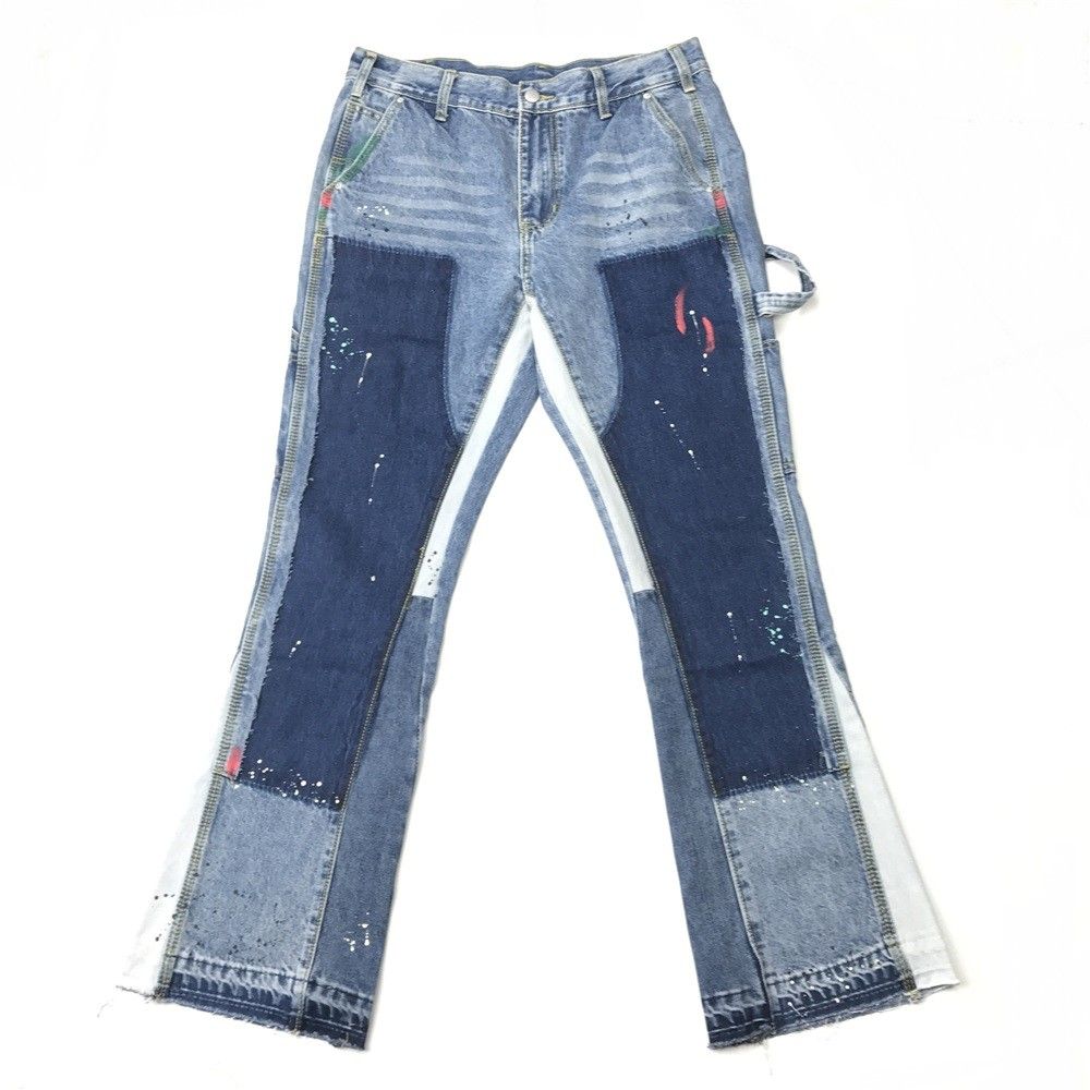 light blue flared trousers